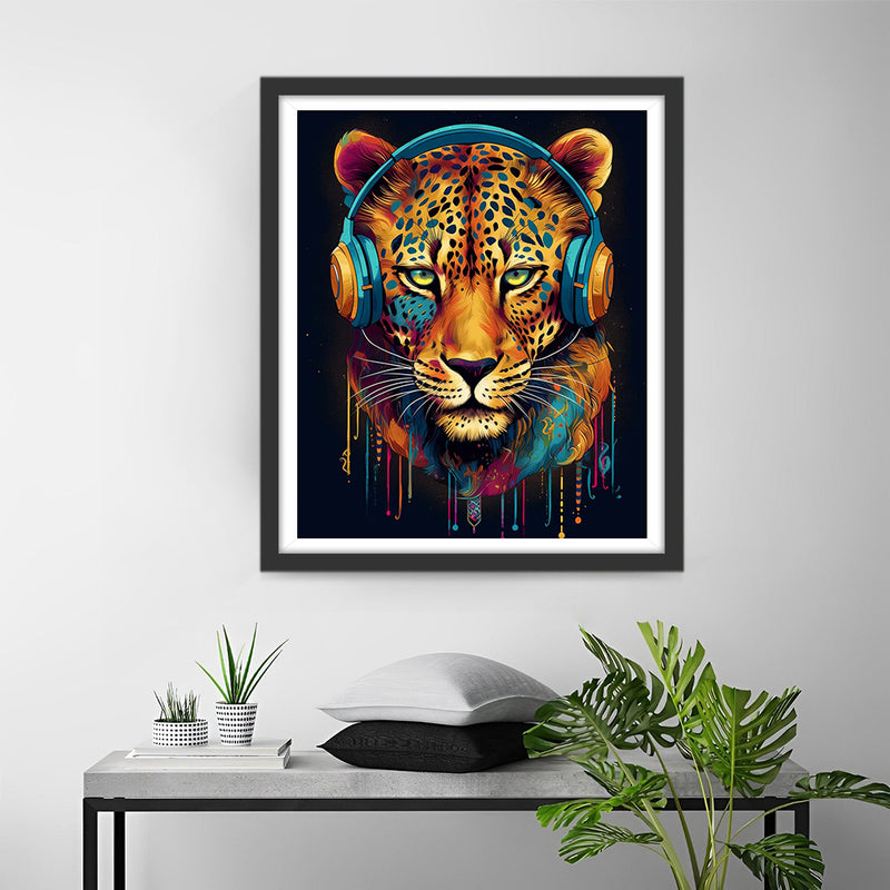 Leopard avec Casque Audio Broderie Diamant