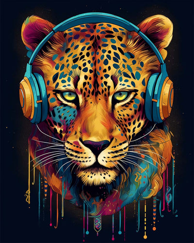 Leopard avec Casque Audio Broderie Diamant