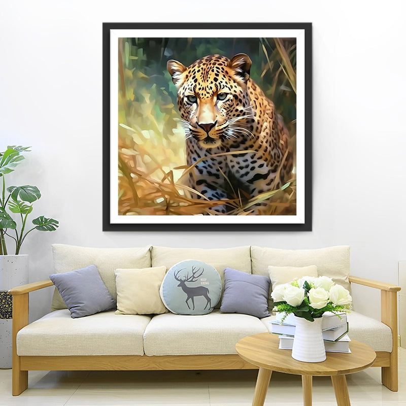 Leopard dans l’Herbe Sèche Broderie Diamant