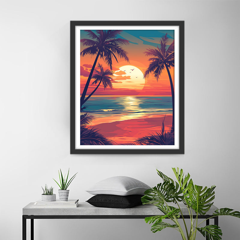 Lever du Soleil sur la Mer et les Palmiers Broderie Diamant
