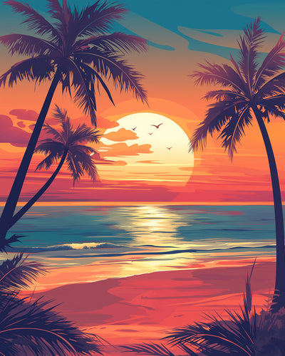 Lever du Soleil sur la Mer et les Palmiers Broderie Diamant