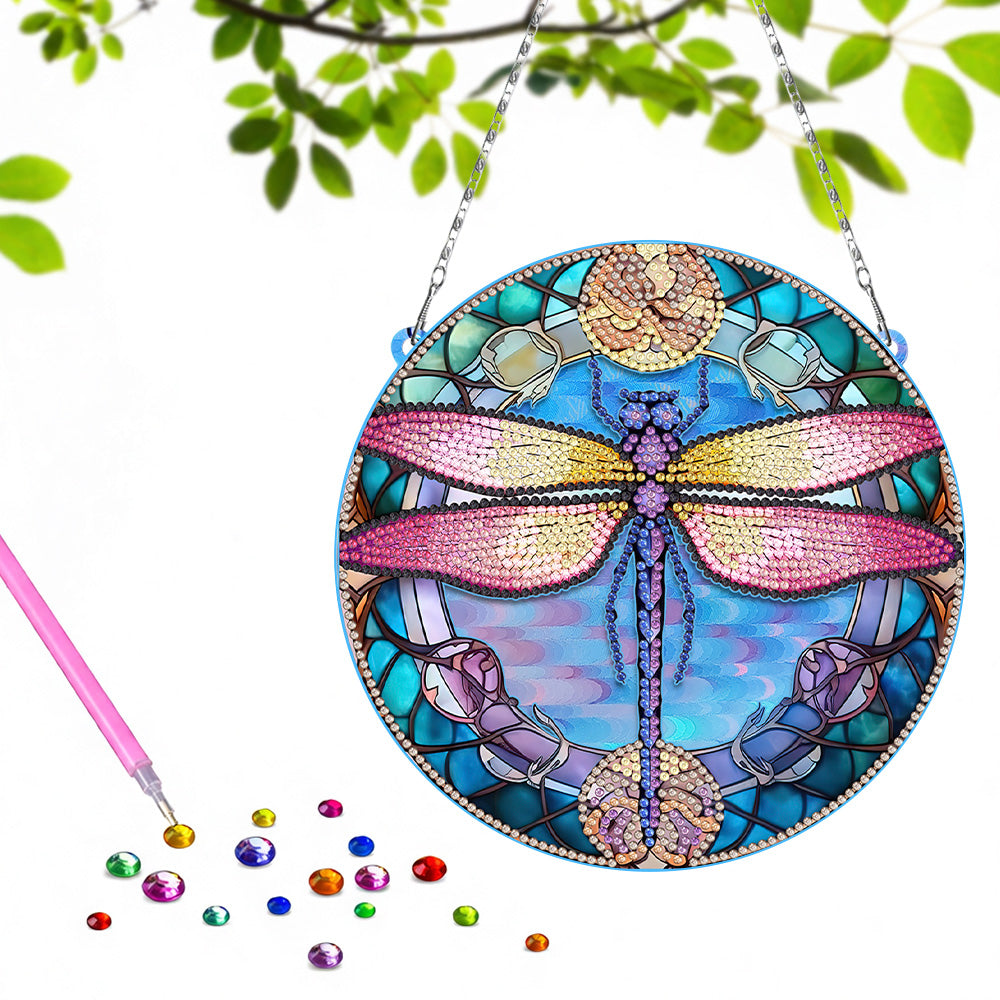 Libellule aux Ailes Roses en Acrylique Pendentif Broderie Diamant