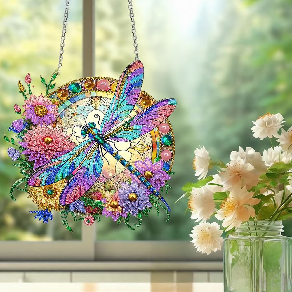 Libellule et Chrysanthèmes Éclatants en Acrylique Pendentif Broderie Diamant