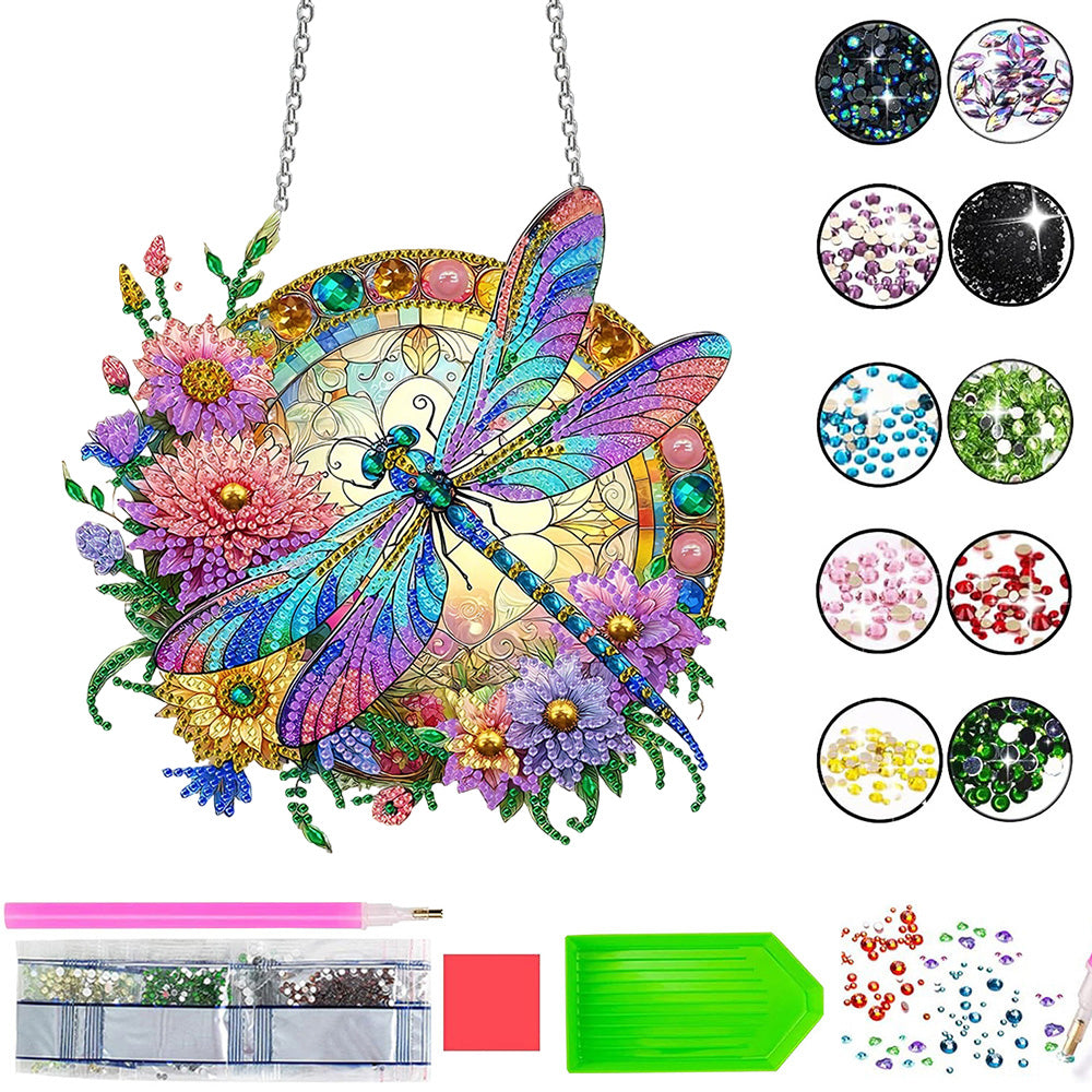 Libellule et Chrysanthèmes Éclatants en Acrylique Pendentif Broderie Diamant