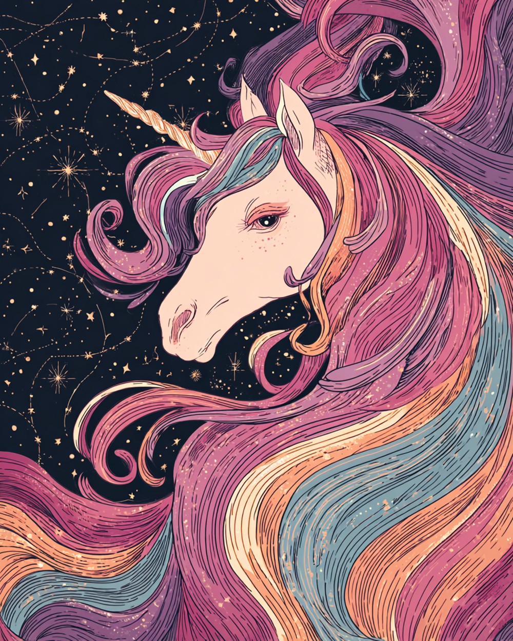 Licorne à Longue Crinière dans le Ciel Étoilé Broderie Diamant