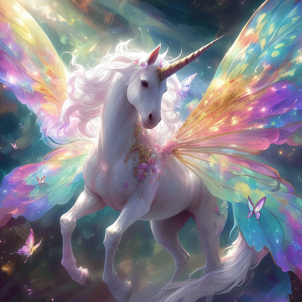 Licorne Blanche aux Ailes Colorées Broderie Diamant