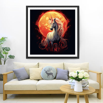 Licorne Blanche et Soleil Rouge dans le Noir Broderie Diamant