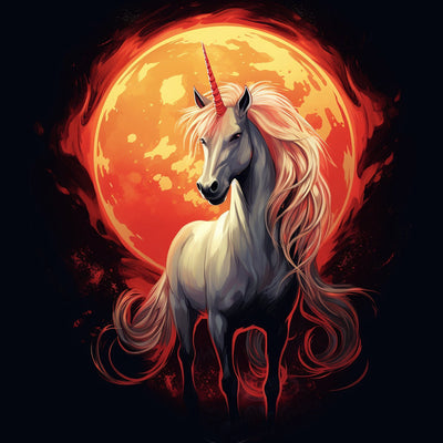 Licorne Blanche et Soleil Rouge dans le Noir Broderie Diamant