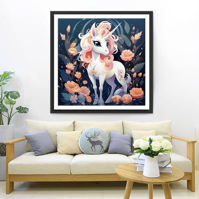 Licorne Blanche parmi les Fleurs Roses Broderie Diamant