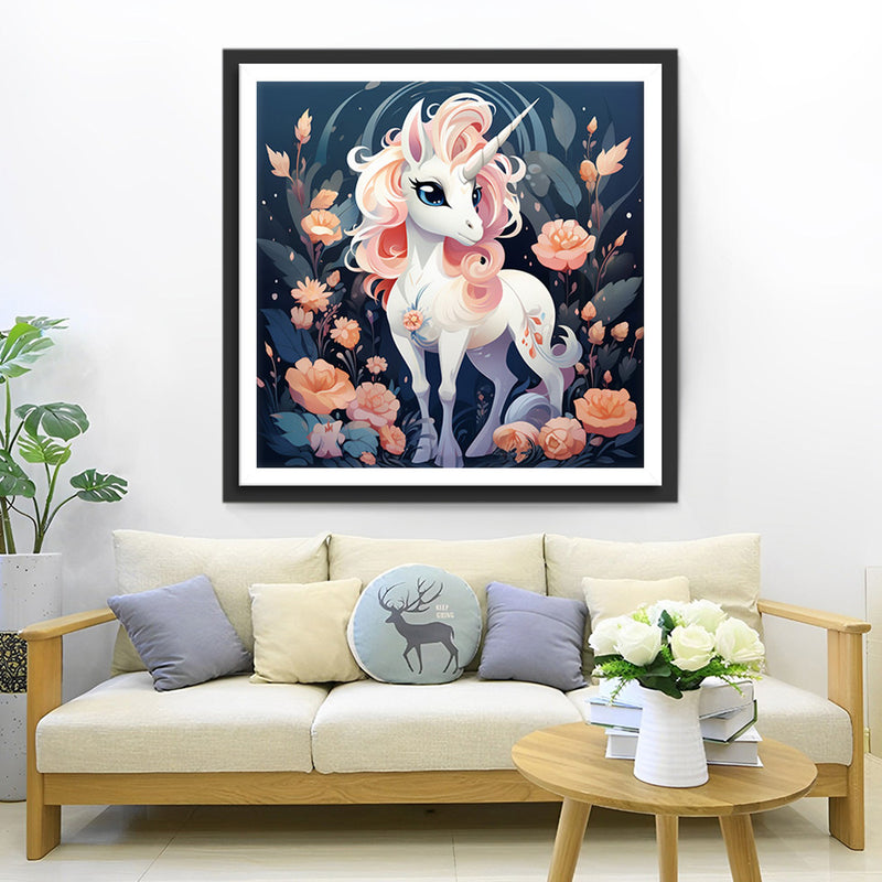 Licorne Blanche parmi les Fleurs Roses Broderie Diamant