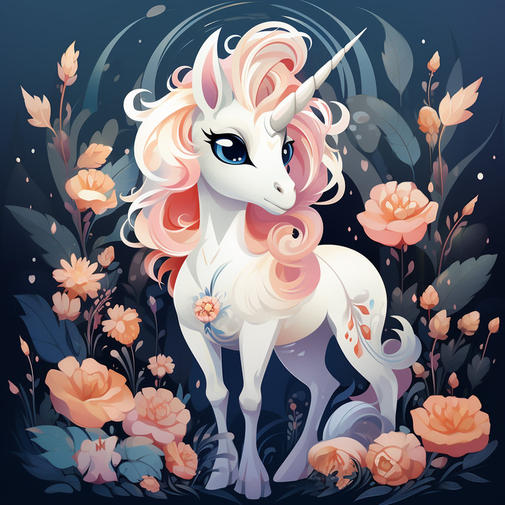 Licorne Blanche parmi les Fleurs Roses Broderie Diamant