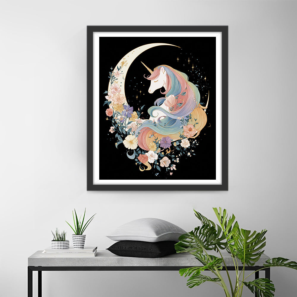 Licorne et Fleurs sur la Lune Broderie Diamant