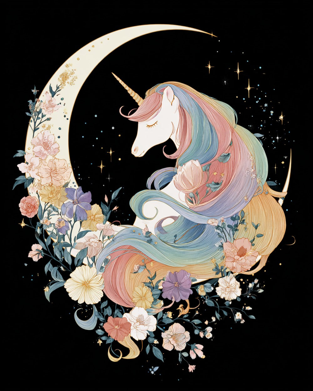 Licorne et Fleurs sur la Lune Broderie Diamant