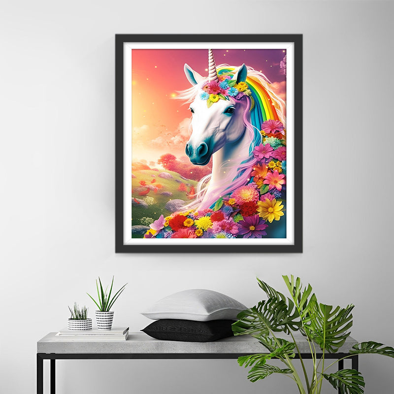Licorne et Nombreuses Fleurs Broderie Diamant