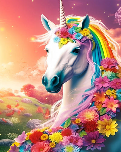 Licorne et Nombreuses Fleurs Broderie Diamant