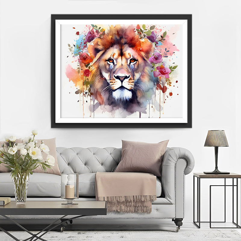 Lion avec une Couronne de Fleurs Broderie Diamant