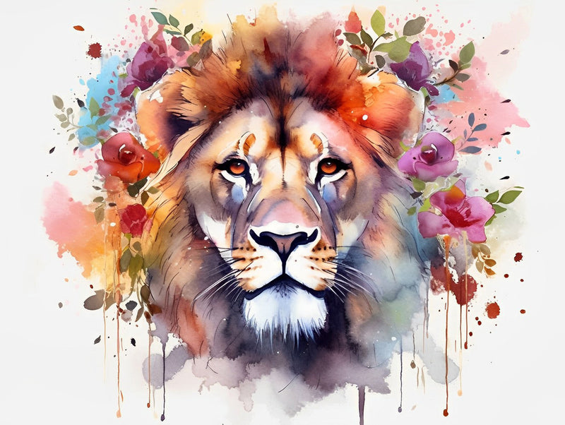 Lion avec une Couronne de Fleurs Broderie Diamant