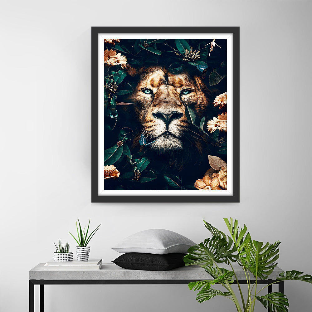 Lion Caché dans les Feuilles Vertes Broderie Diamant