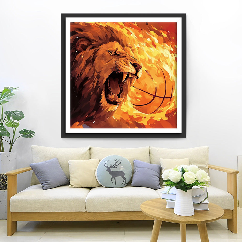 Lion en Colère et Ballon de Basket Broderie Diamant