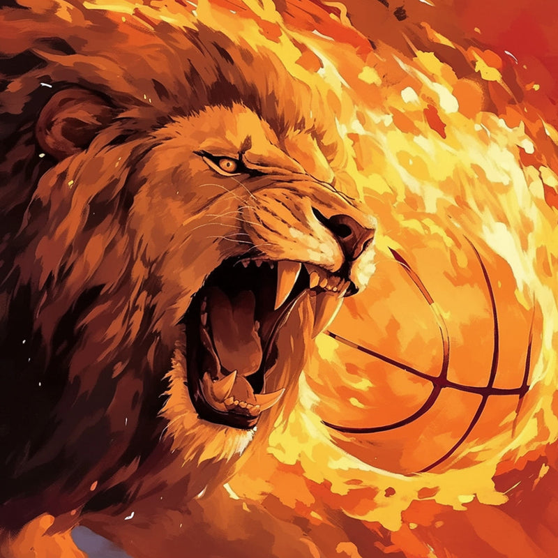 Lion en Colère et Ballon de Basket Broderie Diamant