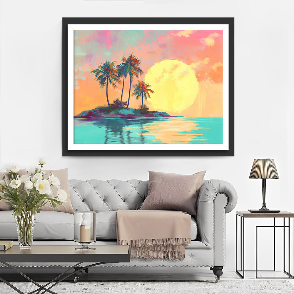 Île aux Cocotiers au Lever du Soleil Broderie Diamant