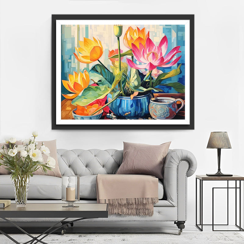 Lotus Jaunes et Roses Broderie Diamant