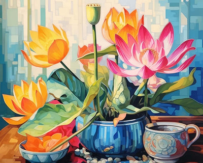 Lotus Jaunes et Roses Broderie Diamant