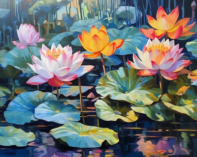 Lotus Jaunes et Roses dans l’Étang Broderie Diamant