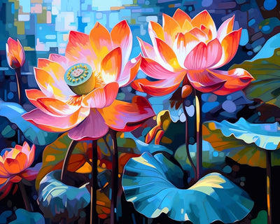 Lotus Luxuriants et Gousses de Lotus Broderie Diamant