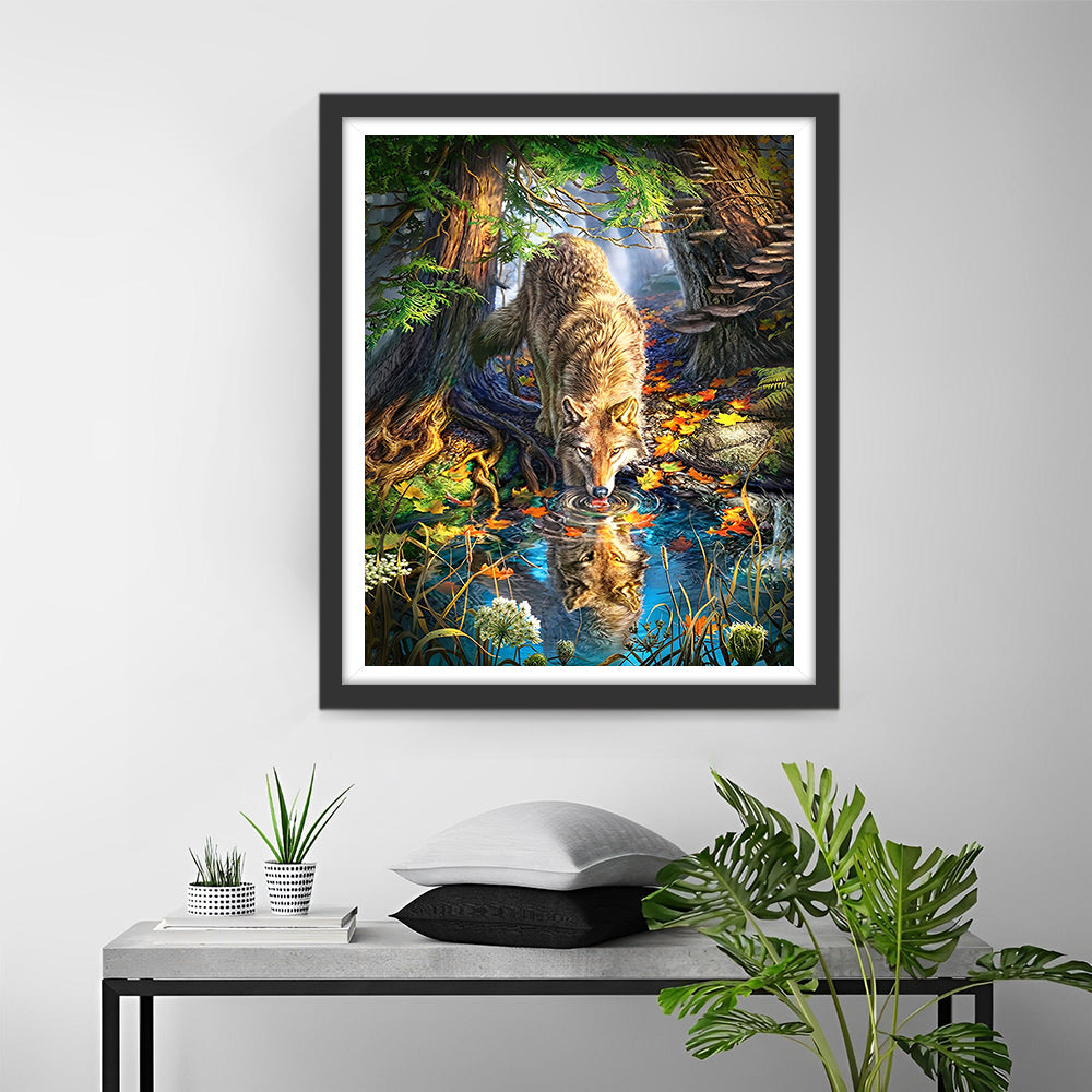 Loup au Ruisseau Broderie Diamant