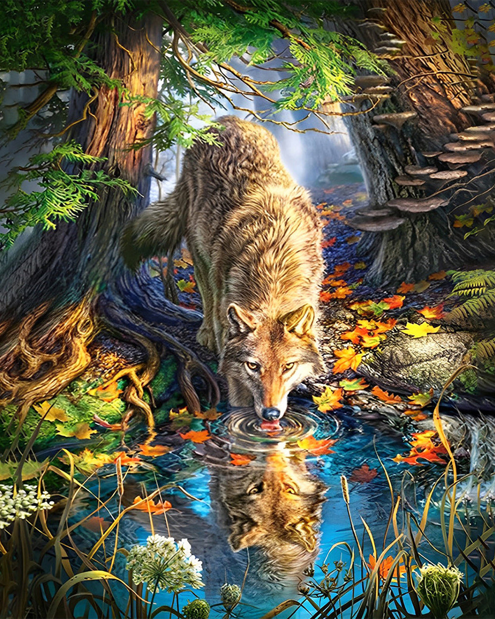 Loup au Ruisseau Broderie Diamant