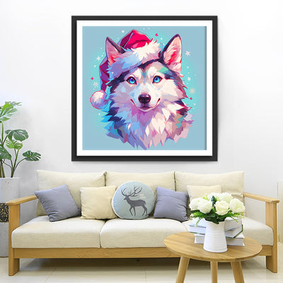 Loup avec un Bonnet de Noël Rouge Broderie Diamant