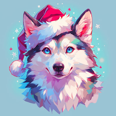 Loup avec un Bonnet de Noël Rouge Broderie Diamant