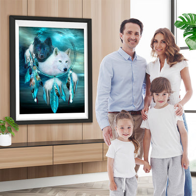 Loup Blanc et Loup Noir avec Capteur de Rêves Broderie Diamant