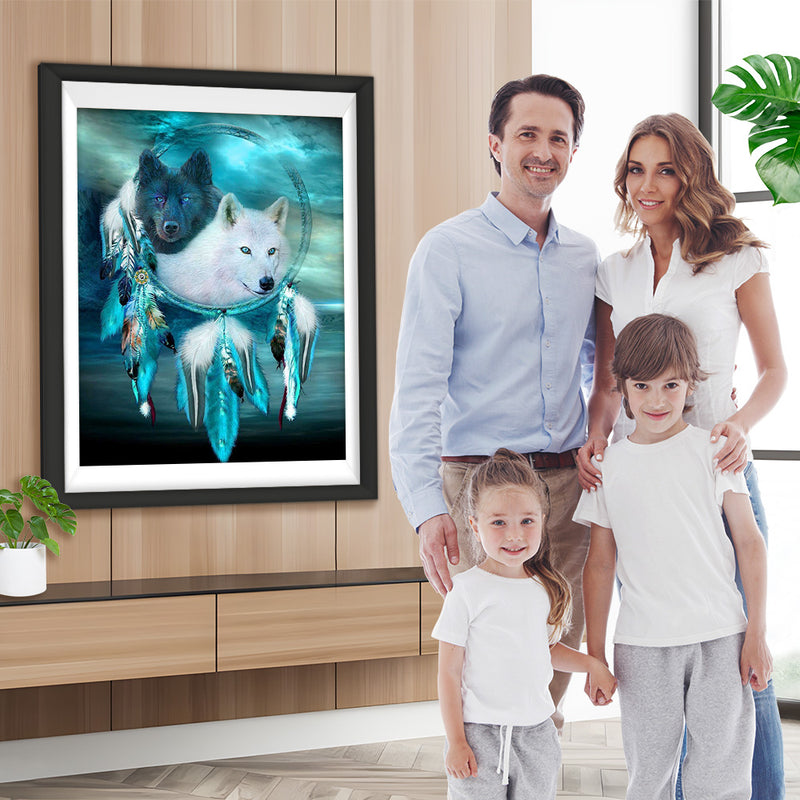 Loup Blanc et Loup Noir avec Capteur de Rêves Broderie Diamant