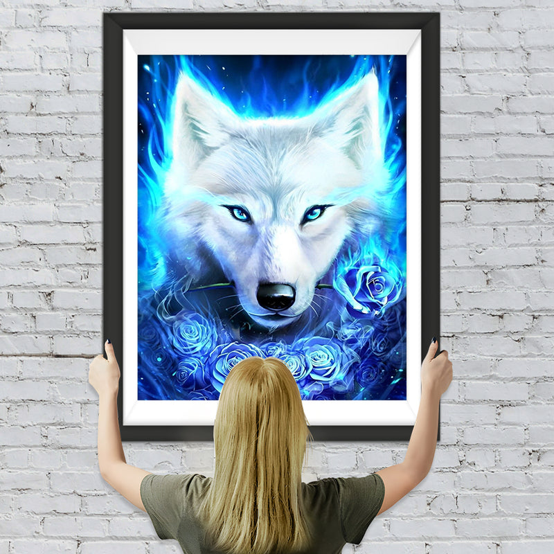 Loup Blanc et Roses Bleues Broderie Diamant