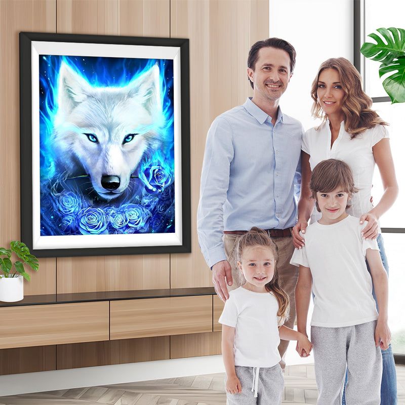 Loup Blanc et Roses Bleues Broderie Diamant