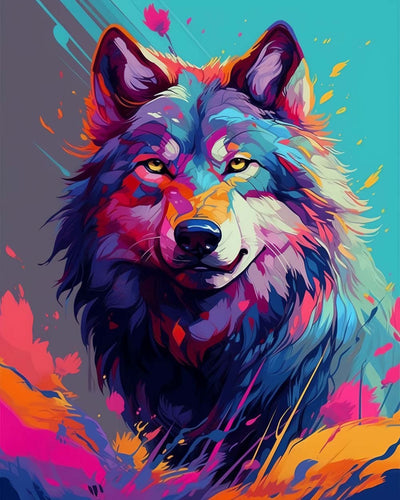 Loup Coloré aux Yeux Feroces Broderie Diamant