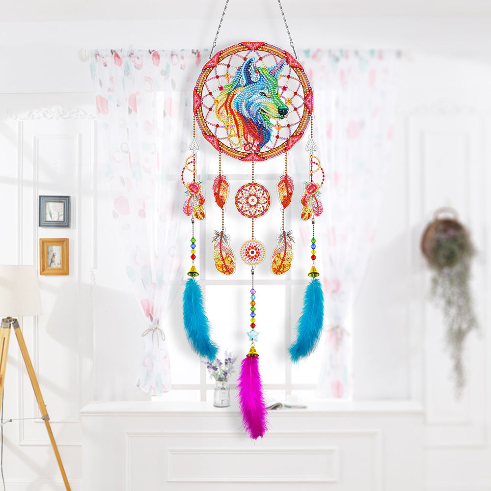 Loup Coloré Kit de Broderie Diamant 2D Plate - Attrape-rêve à Suspendre