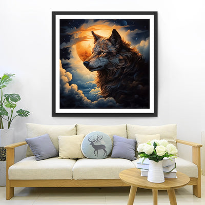 Loup dans les Nuages avec Pleine Lune Broderie Diamant
