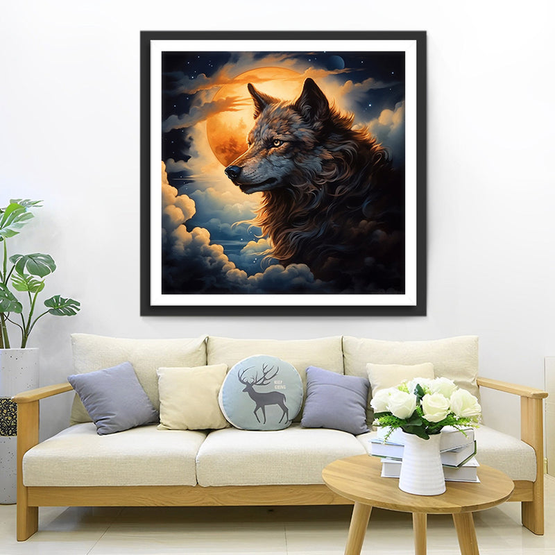 Loup dans les Nuages avec Pleine Lune Broderie Diamant