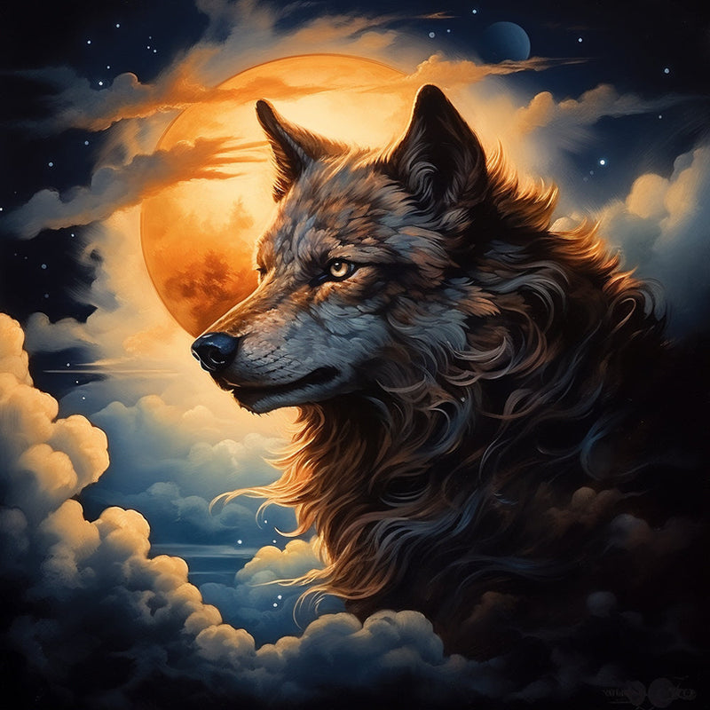 Loup dans les Nuages avec Pleine Lune Broderie Diamant