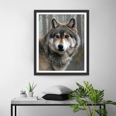 Loup Gris dans la Forêt Broderie Diamant