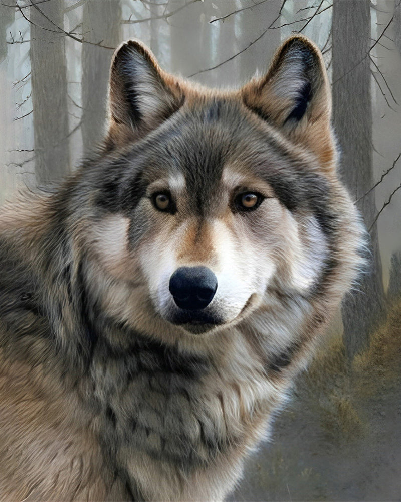 Loup Gris dans la Forêt Broderie Diamant