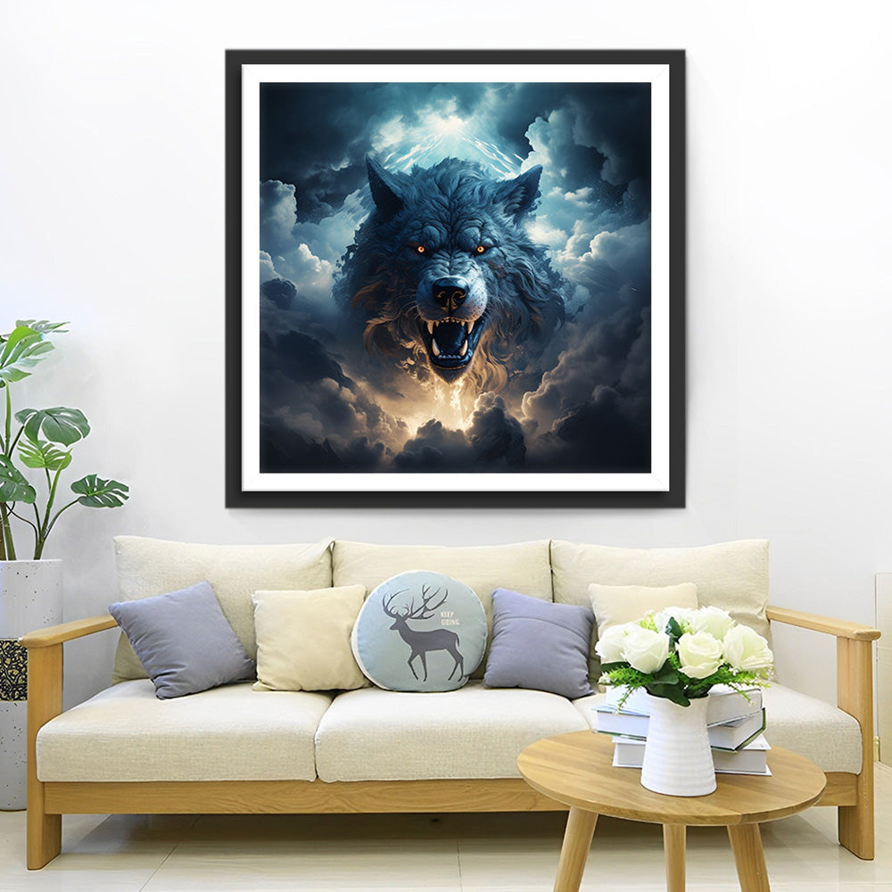 Loup Rugissant dans les Nuages Broderie Diamant