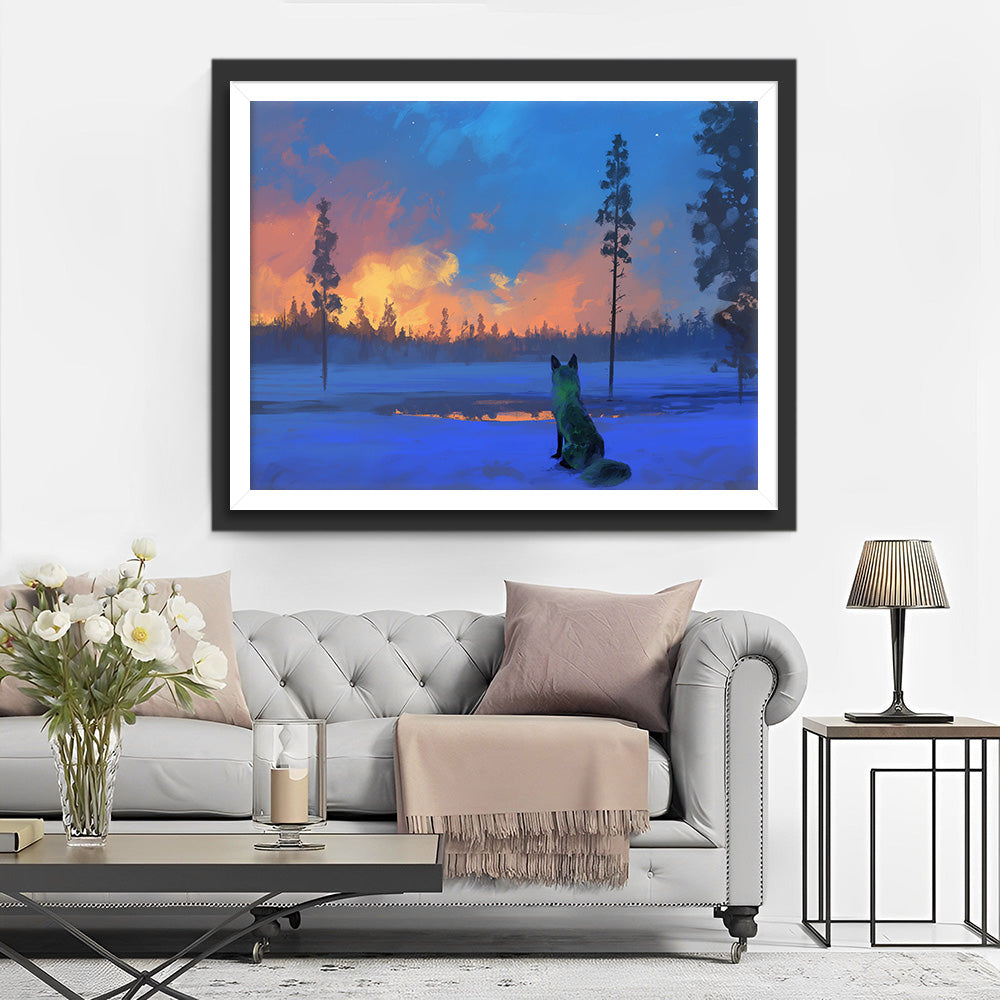 Loup Sauvage Regardant un Feu de Forêt au Loin Broderie Diamant