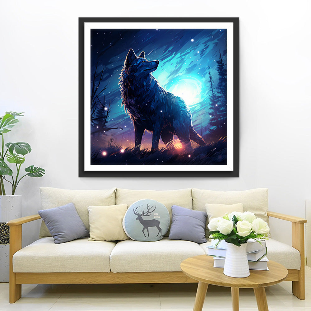 Loup Solitaire Regardant le Ciel Nocturne Broderie Diamant