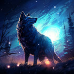 Loup Solitaire Regardant le Ciel Nocturne Broderie Diamant