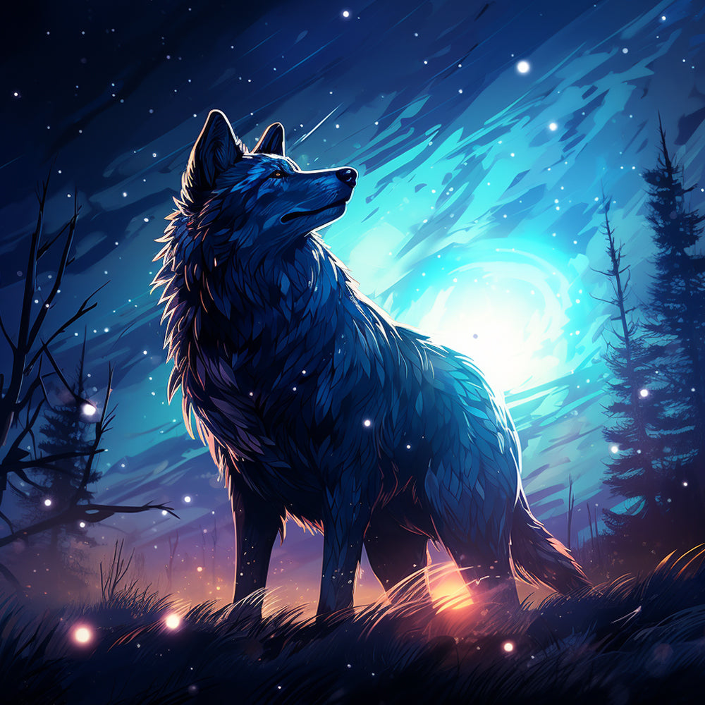 Loup Solitaire Regardant le Ciel Nocturne Broderie Diamant