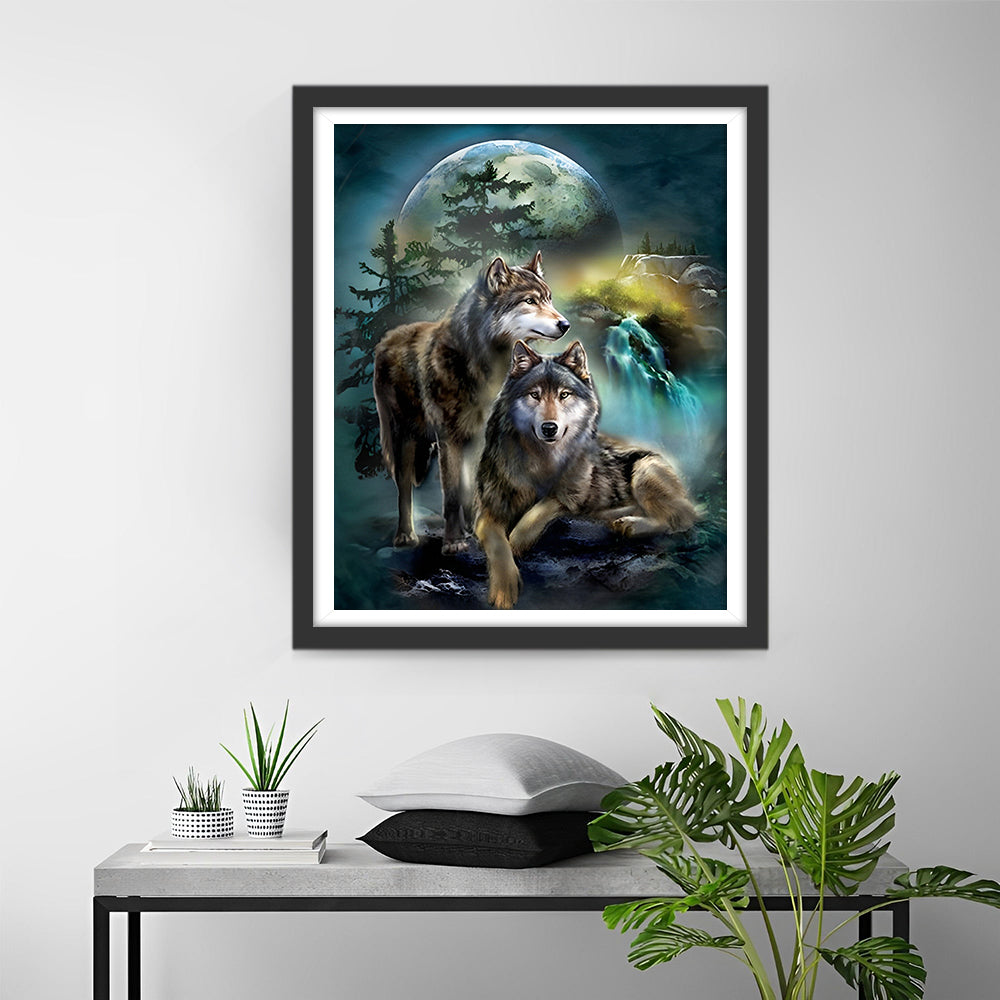 Loups et Lune la Nuit Broderie Diamant